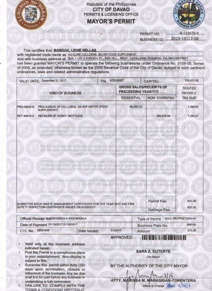 Mt. Apo Honey business permit
