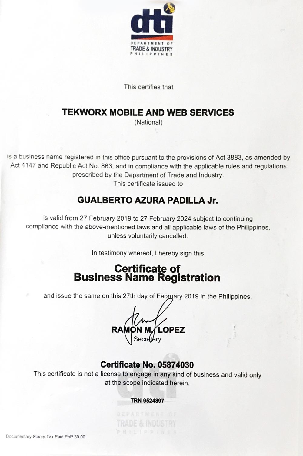 DTI Certificate 2019-2024